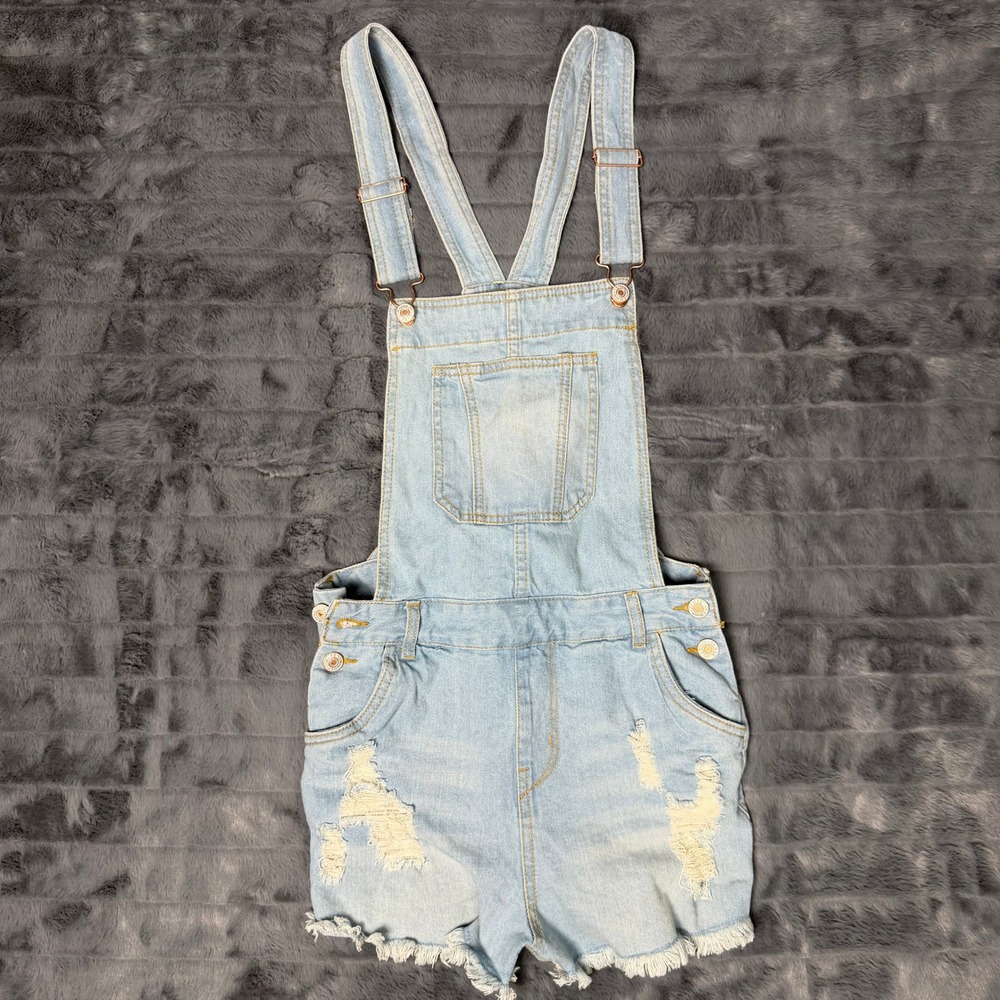 Love Tree Denim Light Wash Distressed Shortalls Overalls Small Light Blue Frayed